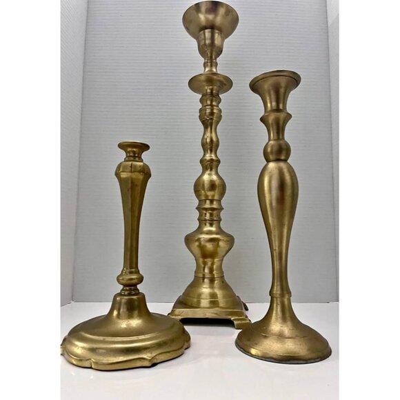 VTG- 3 Pair Brass Candle Holders Different Designs Large- Medium-Small. India - Picture 1 of 10